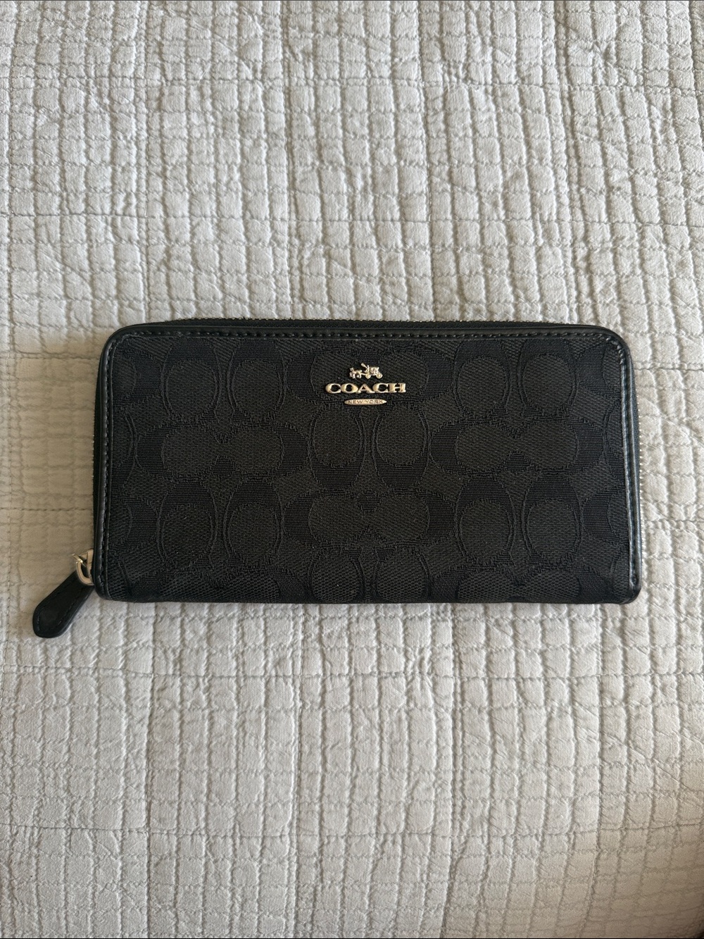 Coach Black Signature Zip Wallet with silver Logo
